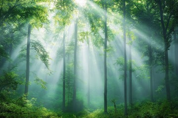 Fototapeta premium Sunlight streams through misty forest, illuminating lush trees