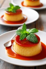 Close-up of a golden, glossy flan on a white plate, topped with a thin layer of caramel and garnished with mint leaves.