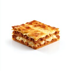 Lasagna with meat and cheese filling on white background