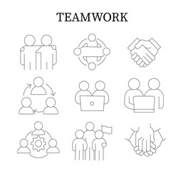 Teamwork Line Icons Set Business Collaboration, People Meeting, Communication Vector Symbols, Group Meeting,  and Corporate Team Strategy Vector Symbols.