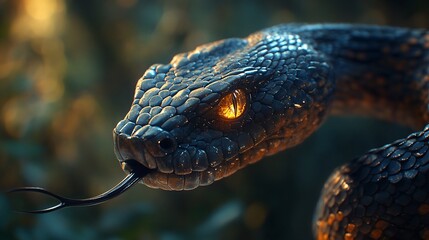 Fototapeta premium Snake flicks tongue in forest, head closeup. Scales glisten with light. Blurry trees