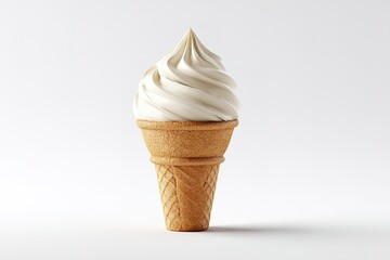 Creamy soft serve ice cream cone topped with swirls against a clean white background at a dessert shop