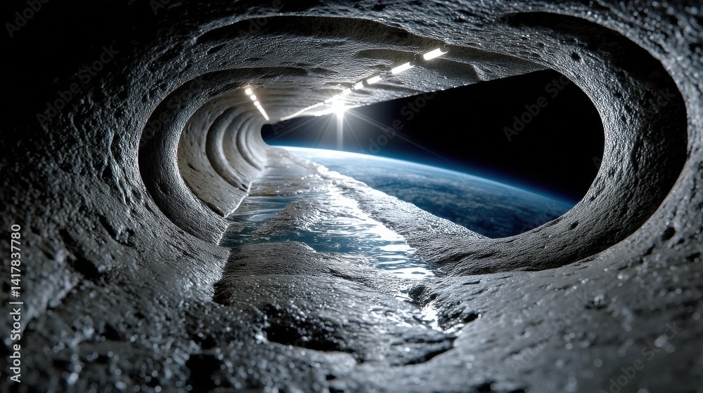 Poster a tunnel with a hole in it and the earth in the hole