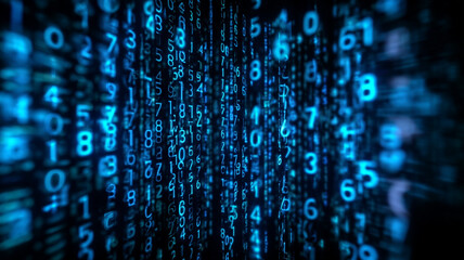 Abstract digital background with cascading blue numbers and symbols resembling a matrix-style code rain on a black backdrop. Futuristic, tech-inspired visual with cyber aesthetics.