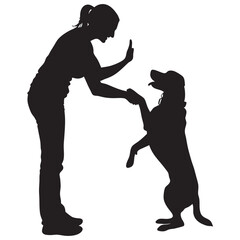 A Labrador jumping up to greet its owner black silhouette illustration on white background
