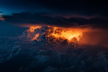 Aerial view of dramatic lightning storm clouds at night