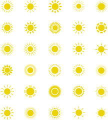 Sun icon set. Yellow sun star icons or logo collection. Summer, sunlight, sunset, sunburst.