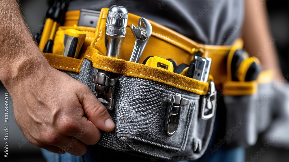 Poster a man is holding a tool belt with various tools in it