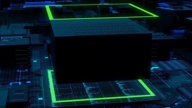 High-Tech Circuit Environment: Dark Blue Motherboard with Green Light Outlines | Futuristic Technology Animation | Digital Hardware Neural Engine CPU Network | Data Transfer Technology Loop Video
