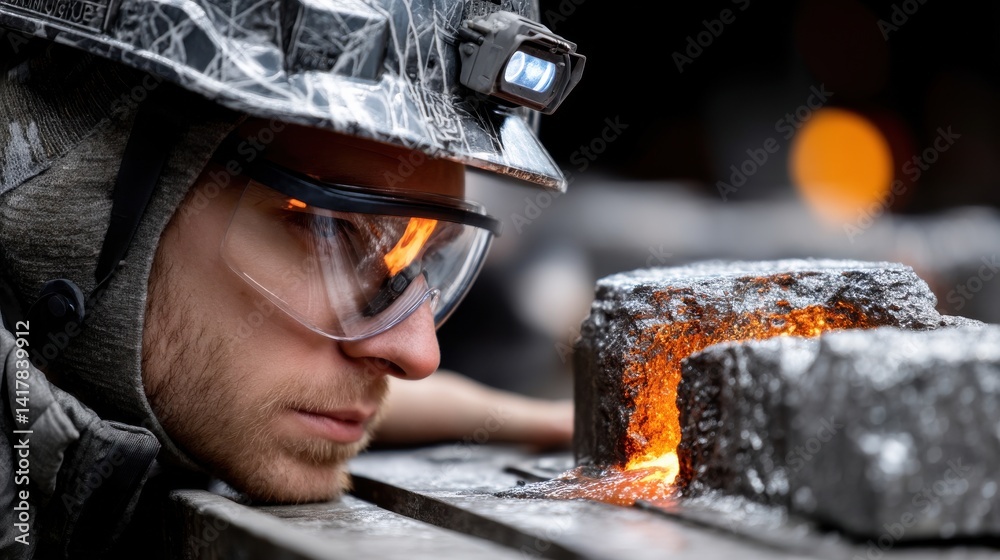 Poster a man wearing a helmet and goggles is looking at a hot object