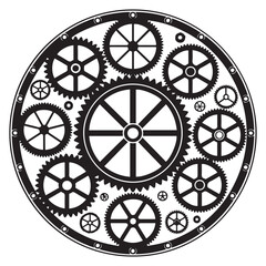 Steampunk Style Gears and Cogs A Circular Frame of Mechanical Parts Vector Black silhouettes. with white backgroun