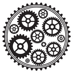 Steampunk Style Gears and Cogs A Circular Frame of Mechanical Parts Vector Black silhouettes. with white backgroun