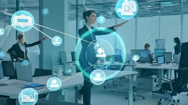 Modern office environment showcasing collaborative work and technology integration in a professional setting