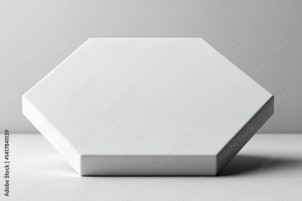 Poster modern white hexagonal object resting on a gray surface with subtle texture and shadows during indoo