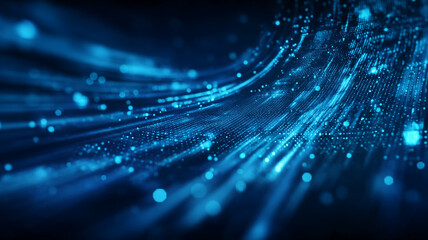 3D abstract render of a dynamic blue data landscape made of glowing particles and lines, forming wave-like structures. Represents digital connectivity, data flow, and advanced technology.