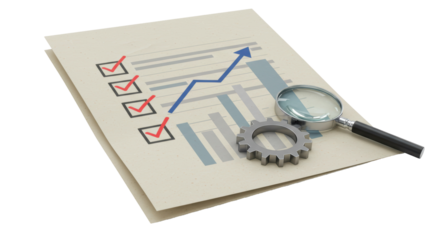 Isolated Business Analysis Chart with Magnifying Glass and Gear