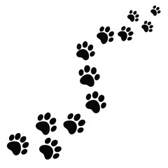 A winding trail of black paw prints marches diagonally across a clean white surface. © Sanzida