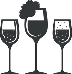 Three Elegant Drink Glasses with Bubbles, Monochrome Style.