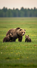 Fototapeta premium Bear Family in Field with Mother and Cubs