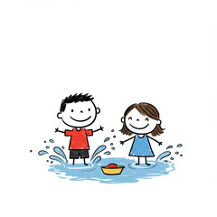 Happy children playing in water with a toy boat  