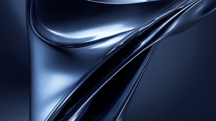 3D abstract render featuring smooth, flowing dark blue metallic forms with reflective surfaces. The image conveys a futuristic, sleek, and high-tech aesthetic with fluid motion.