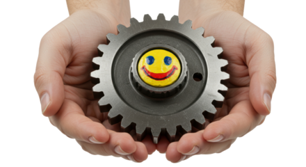 Isolated Hands Holding Gear with Smiley Face Positive Attitude