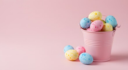 Fototapeta premium Colorful Easter Eggs in a Pastel Pink Bucket on Soft Background