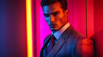 Fototapeta premium Stylish man in suit, neon-lit room