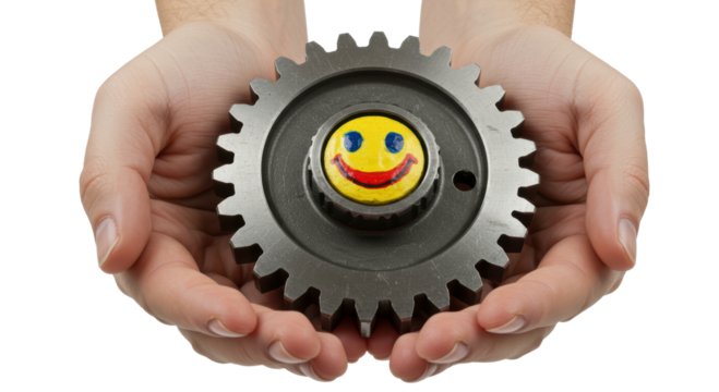 Isolated Hands Holding Gear with Smiley Face Positive Attitude