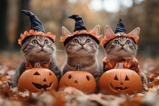 Three cats dressed as witches for Halloween.