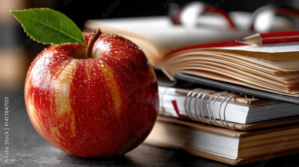 Aufkleber a red apple sits on top of a stack of books