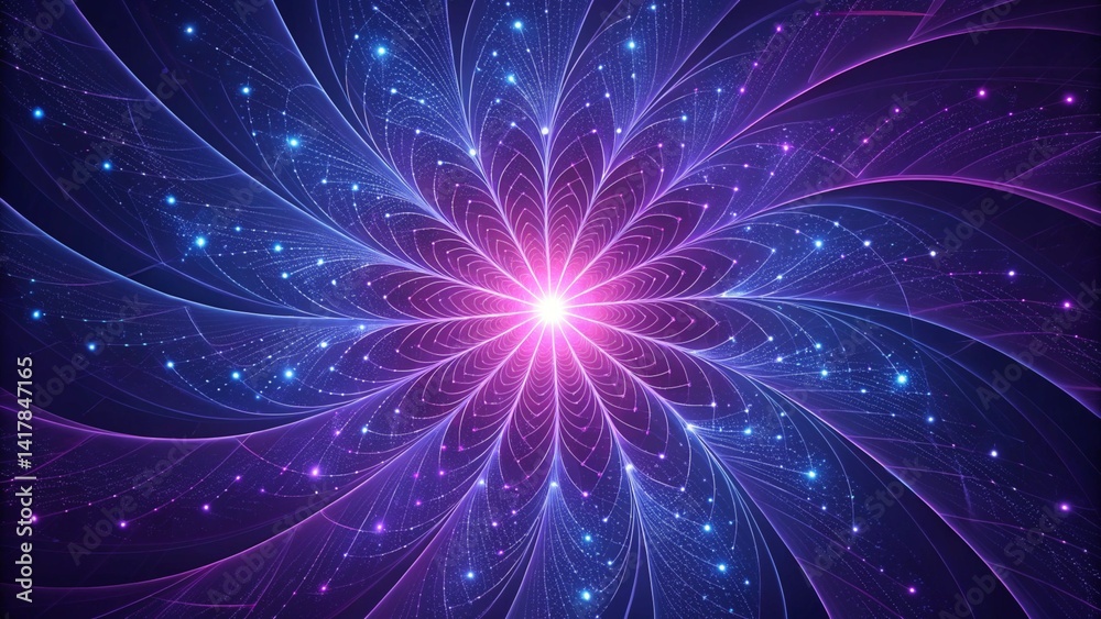 Poster vibrant purple and blue abstract light tunnel background, glowing neon swirl pattern with futuristic
