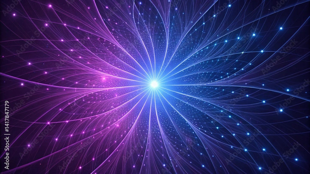Poster vibrant purple and blue abstract light tunnel background, glowing neon swirl pattern with futuristic