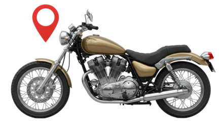 Isolated Gold Motorcycle with Red Location Pin Destination