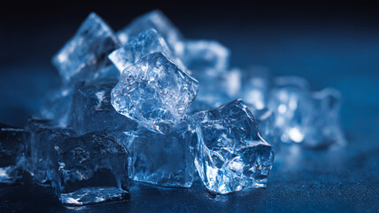 Obraz premium Macro shot of blue-tinted ice cubes stacked together with sharp details and reflections, set against a dark background. Cold, fresh, and perfect for food and beverage themes.