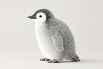 Young penguin standing on a light background, showcasing its fluffy feathers and curious expression in a serene setting