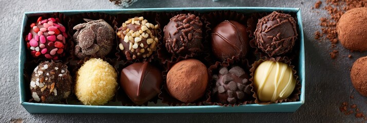 A stunning variety of gourmet chocolates arranged beautifully in a stylish box, tempting chocolate lovers and capturing the essence of indulgence and fine confectionery.