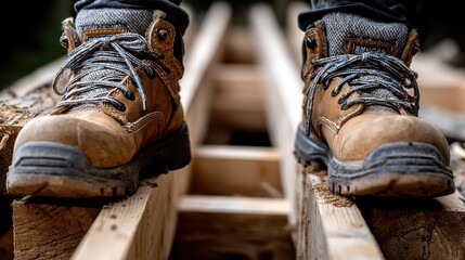 A pair of brown work boots with laces are on a wooden platform