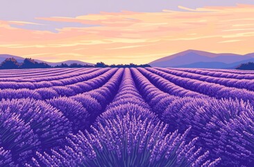 Lavender field sunset landscape, rows of lavender, mountains in background.  Possible use nature wallpaper