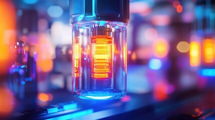 Close-up of glass lab equipment glowing under blue LEDs, creating a sci-fi inspired science setting