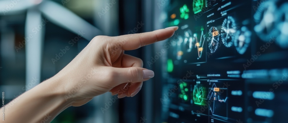 Poster A hand pointing at a computer screen with a green and blue background