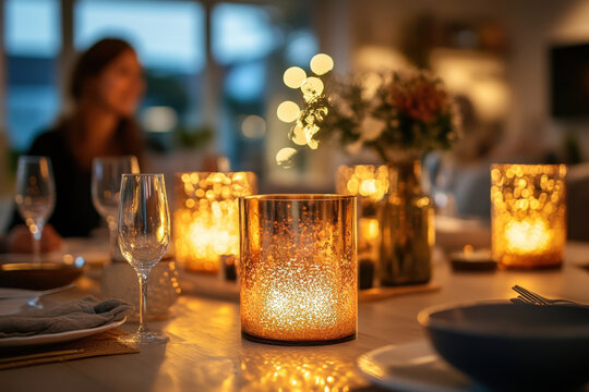 Table set with candles and glasses, elegantly arranged for a dinner party.