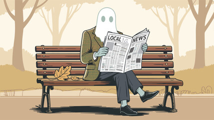 ghost reading newspaper in park bench, lo fi aesthetic color, Flat vector illustration