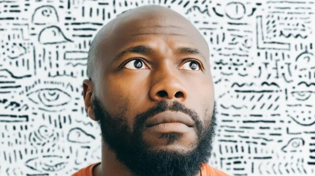Thoughtful Contemplation: Close-up portrait of a person lost in deep thought, with a hint of introspection and contemplation, set against a unique illustrative background