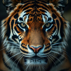Fototapeta premium Intense close-up portrait of a majestic Bengal tiger with striking orange and black stripes