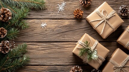 Gift boxes and pine branches on rustic wooden background