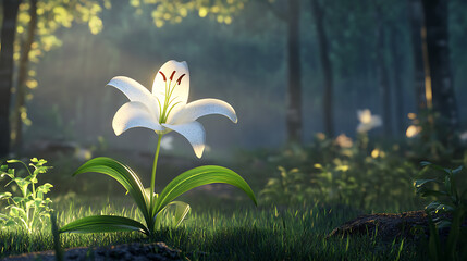 Elegant white lily glowing in soft morning light in a peaceful forest clearing 