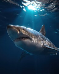 A majestic shark swims through deep blue waters, illuminated by sunlight filtering from above, showcasing its powerful presence and sleek form.