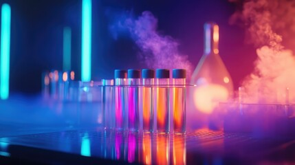 Surreal blue light washes over glass lab tools, emphasizing modern innovation in scientific settings