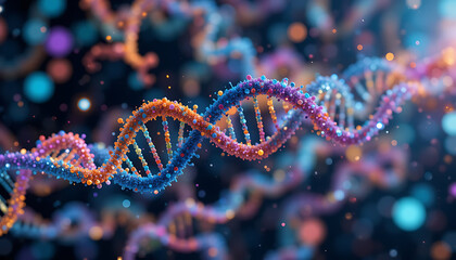 Multi Colored Gene Strands Floating in Abstract Cyberspace Merging Genetics and Technology in Biotechnology